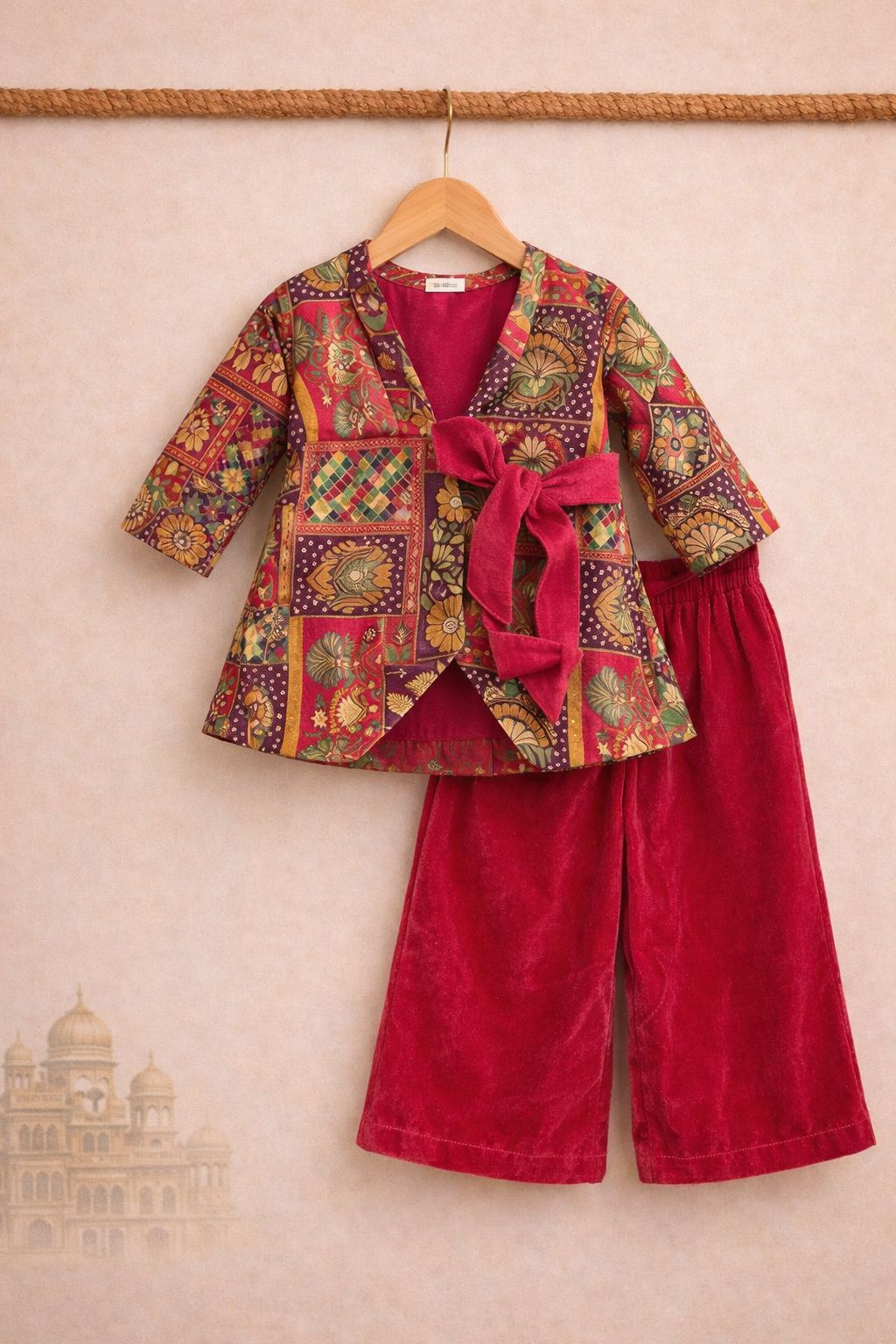 Girl Princess Jacket style Top And Pant Set-Magenta