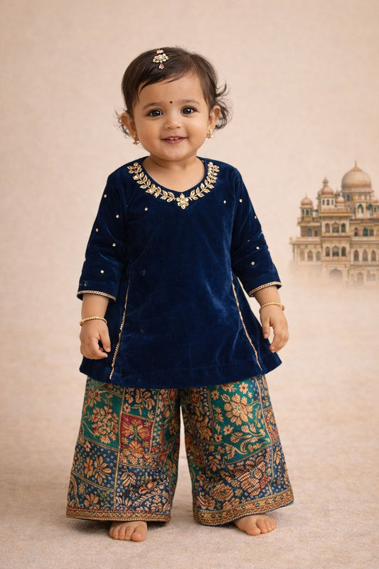 Girl Princess Kurta And Pant Set-Teal Blue