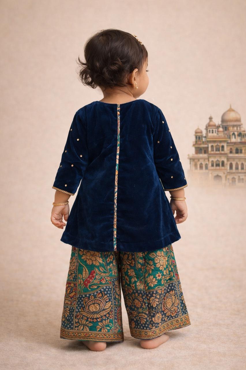 Girl Princess Kurta And Pant Set-Teal Blue