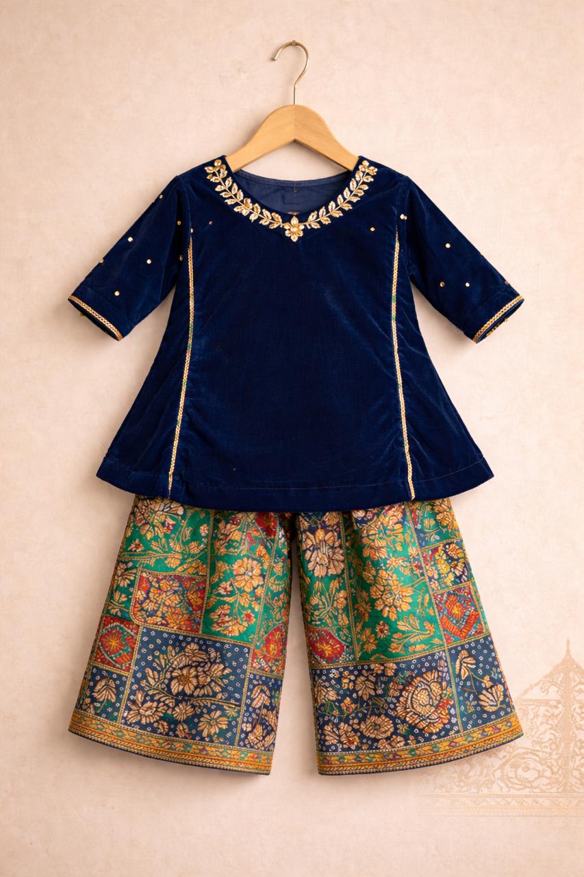 Girl Princess Kurta And Pant Set-Teal Blue