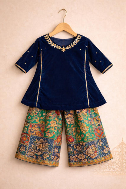 Girl Princess Kurta And Pant Set-Teal Blue
