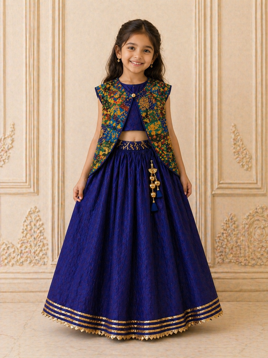 Girl Maharani Zari Banarsi Skirt Top and Cape Set - Royal Blue