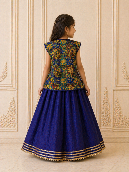 Girl Maharani Zari Banarsi Skirt Top and Cape Set - Royal Blue