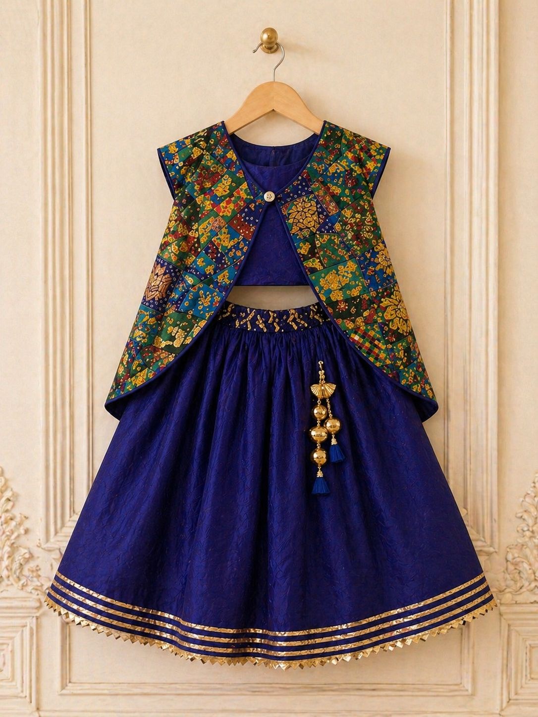 Girl Maharani Zari Banarsi Skirt Top and Cape Set - Royal Blue