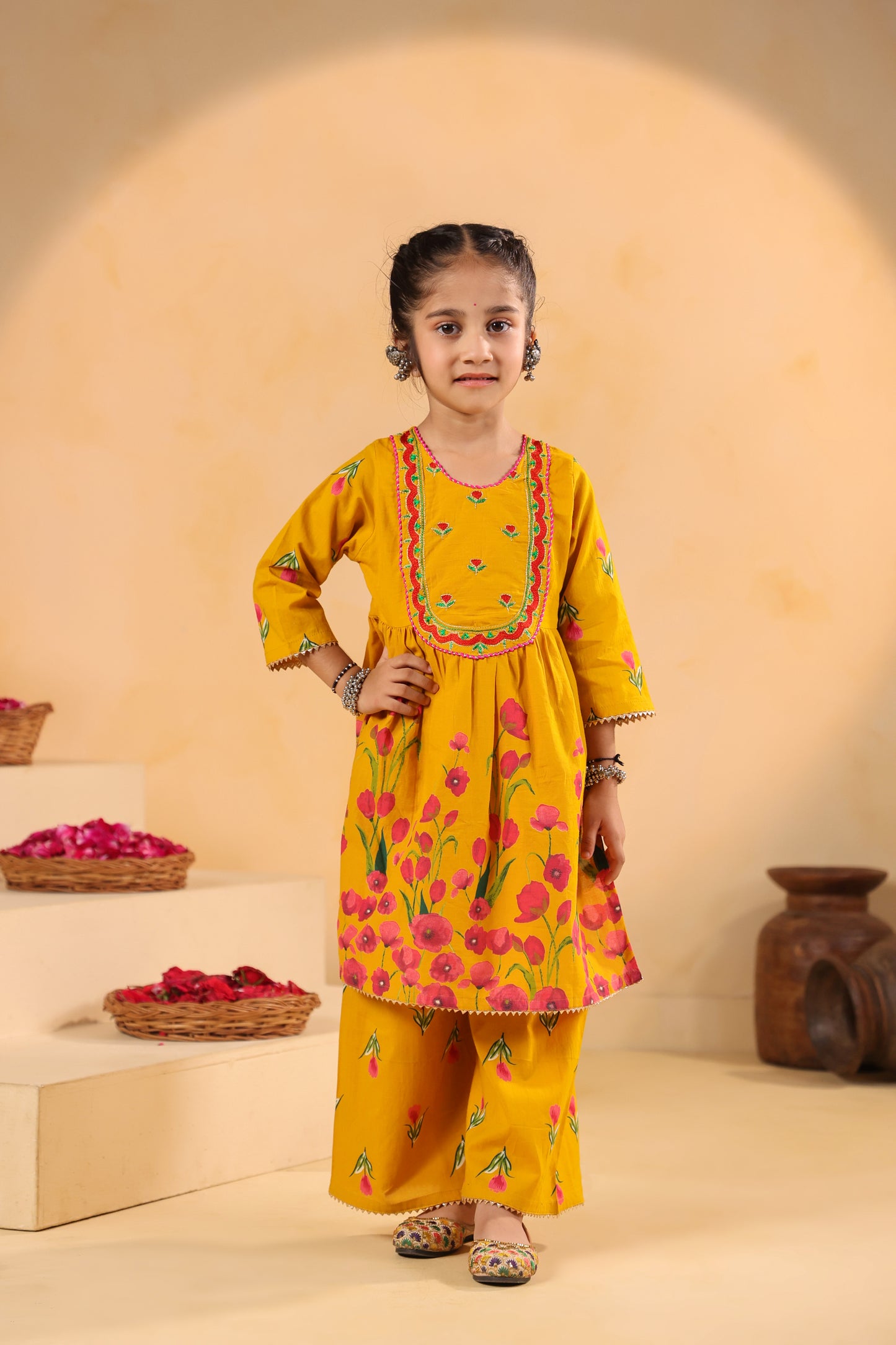 Girl Genda Phool Print Kurta Set - Mustard Yellow