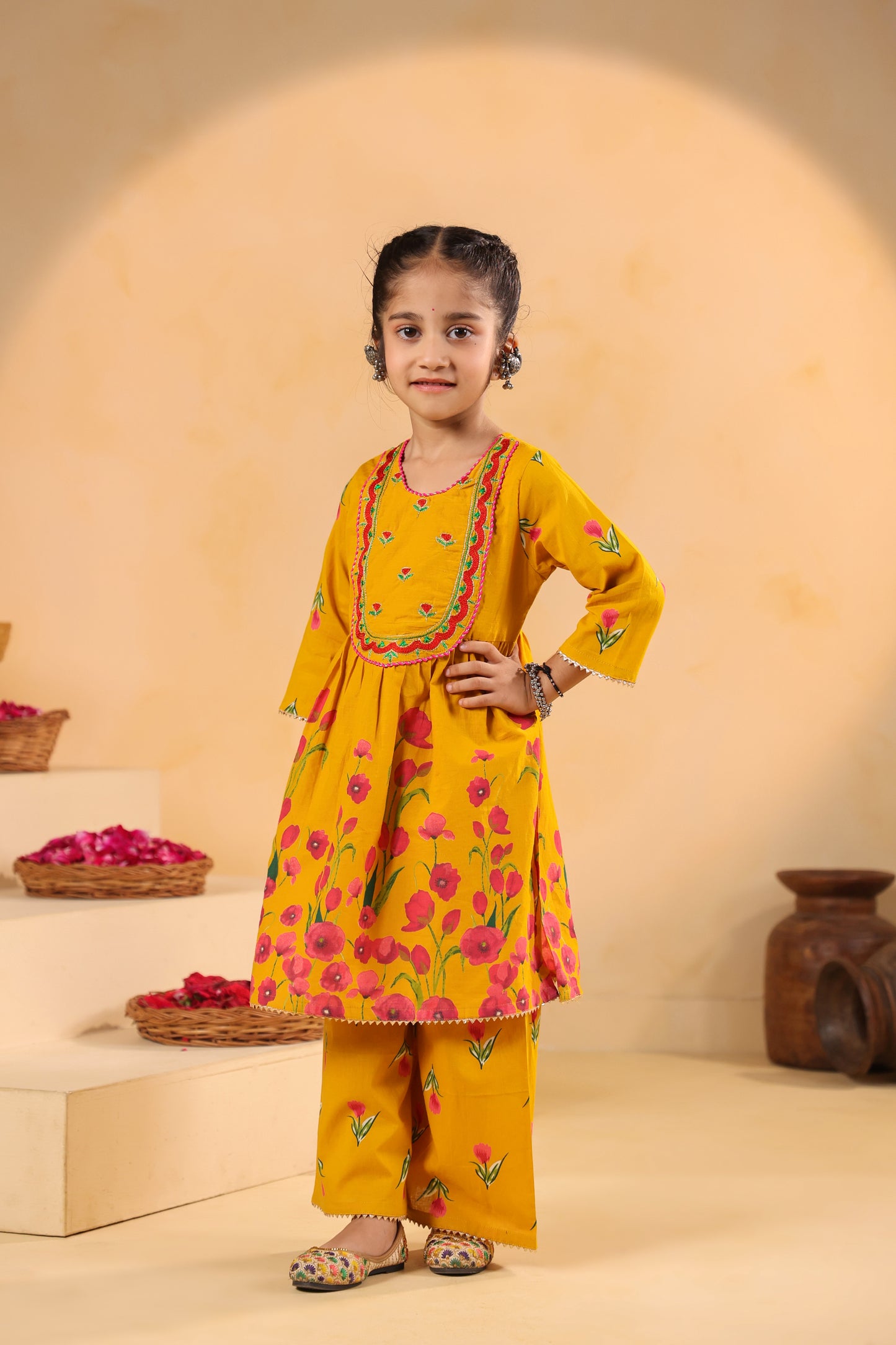 Girl Genda Phool Print Kurta Set - Mustard Yellow