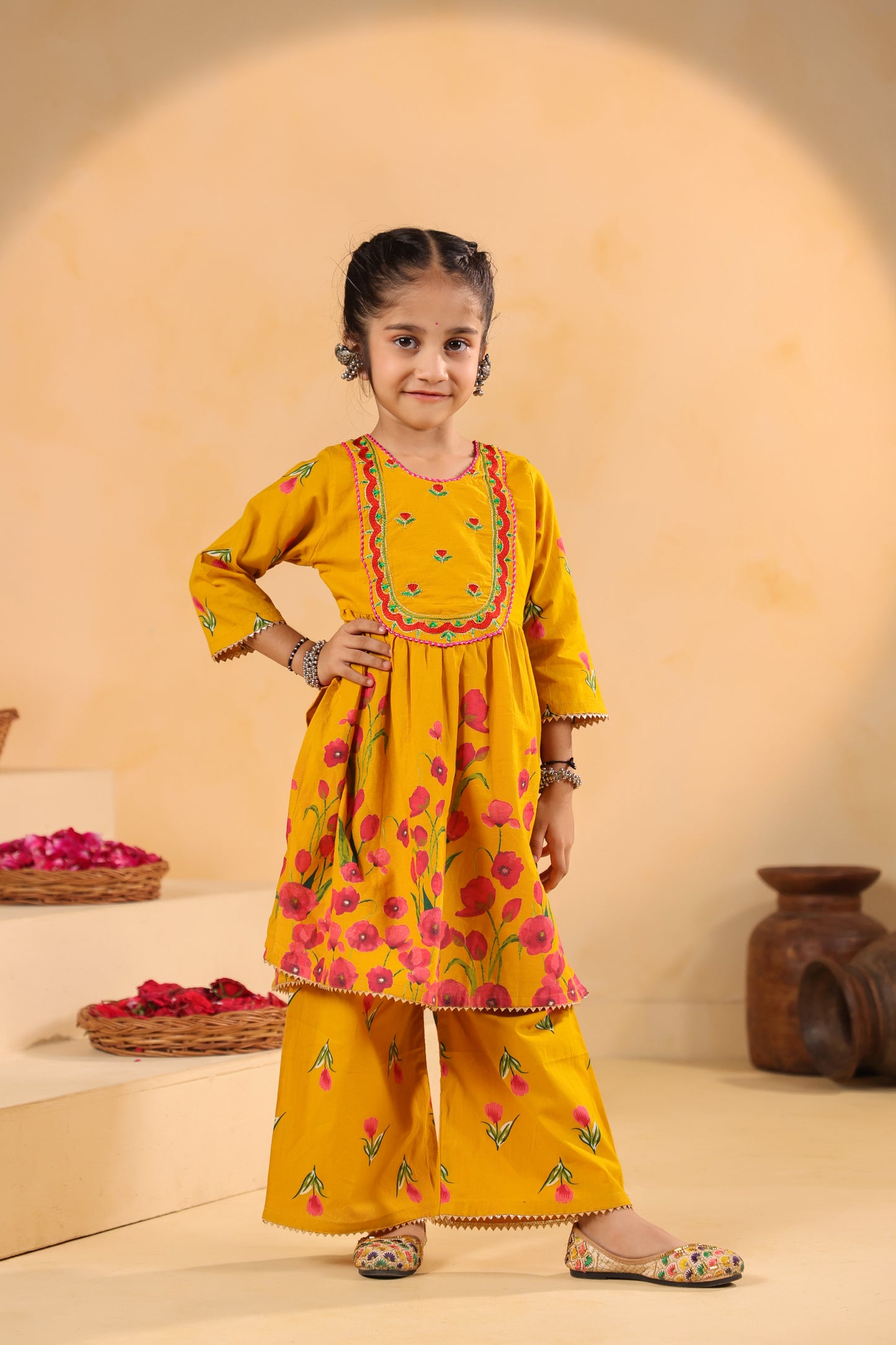 Girl Genda Phool Print Kurta Set - Mustard Yellow