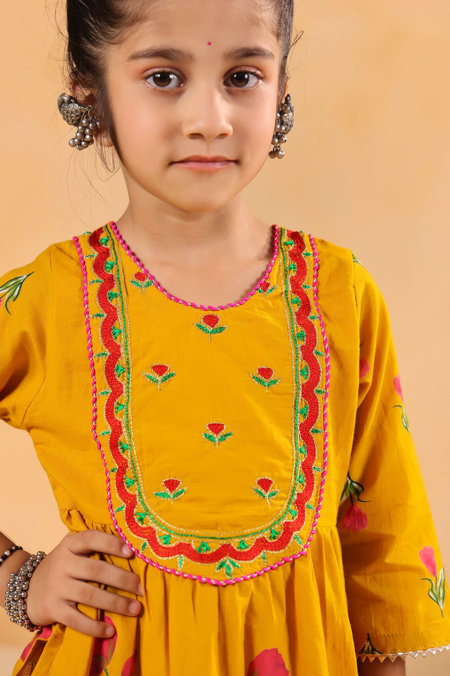Girl Genda Phool Print Kurta Set - Mustard Yellow