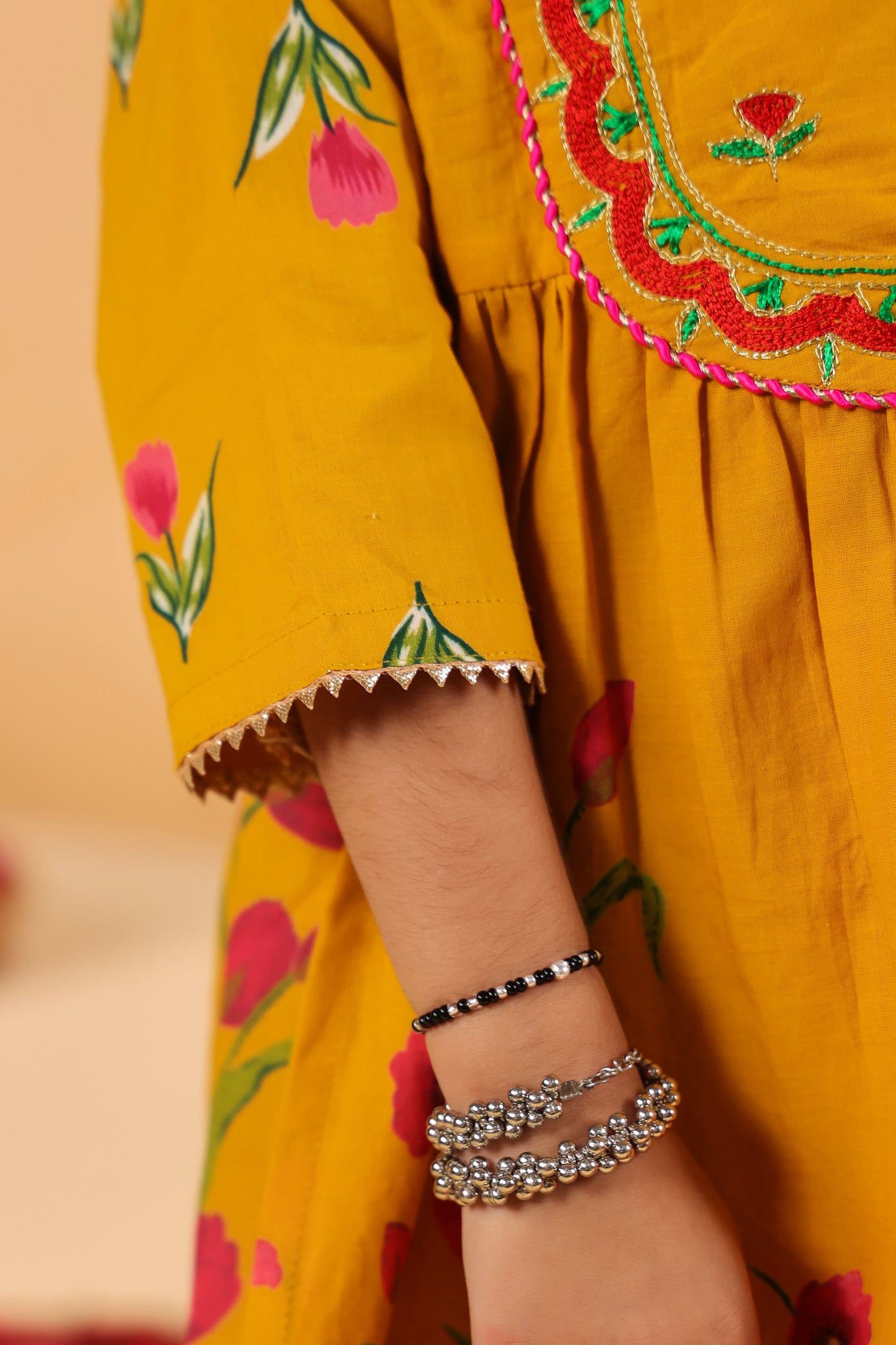 Girl Genda Phool Print Kurta Set - Mustard Yellow