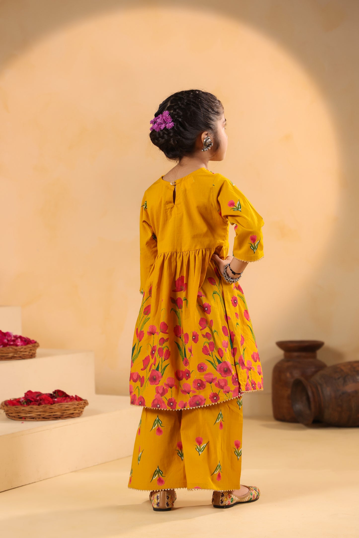 Girl Genda Phool Print Kurta Set - Mustard Yellow
