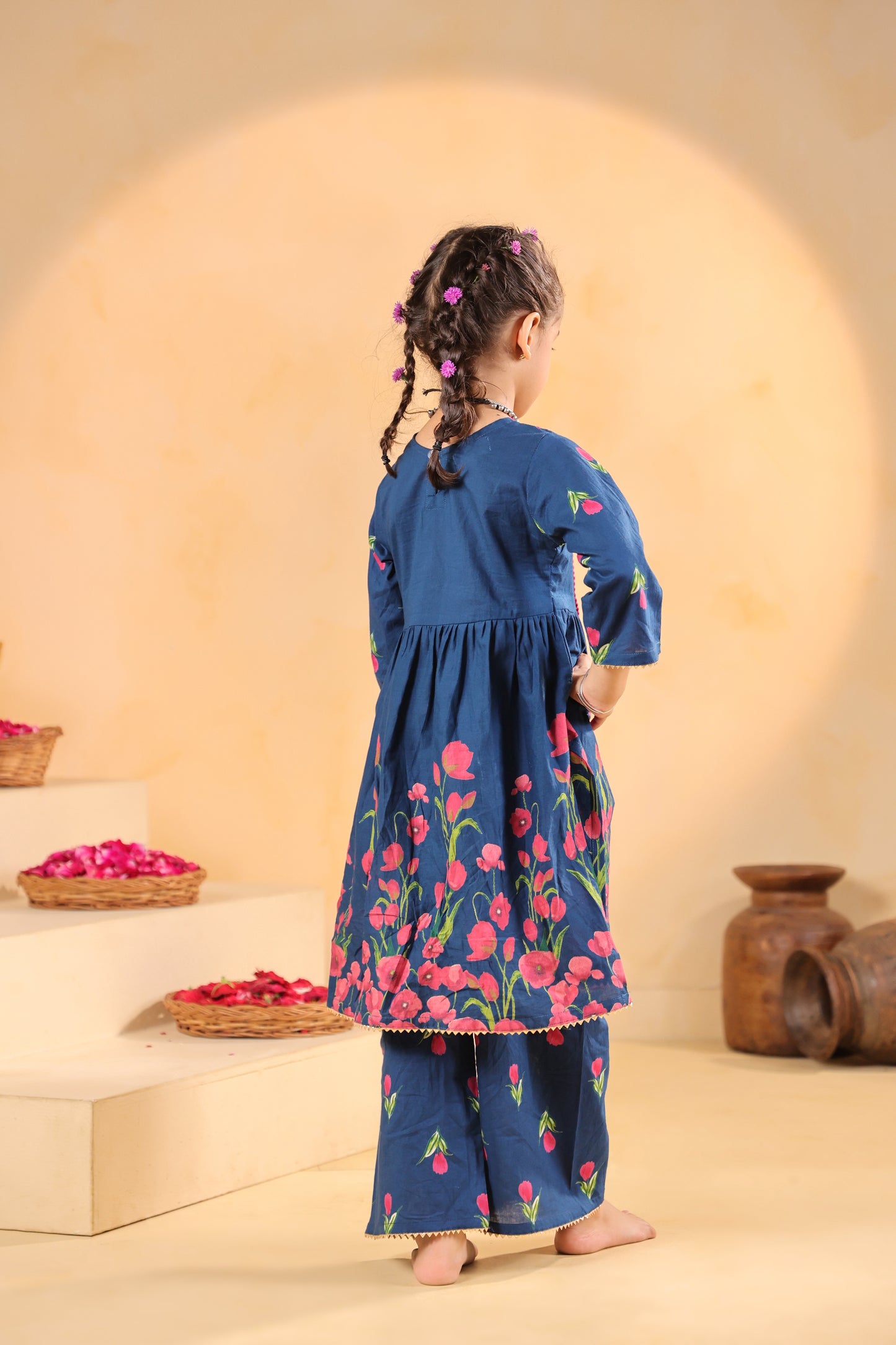 Girl Genda Phool Print Kurta Set - Teal Blue