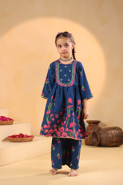 Girl Genda Phool Print Kurta Set - Teal Blue
