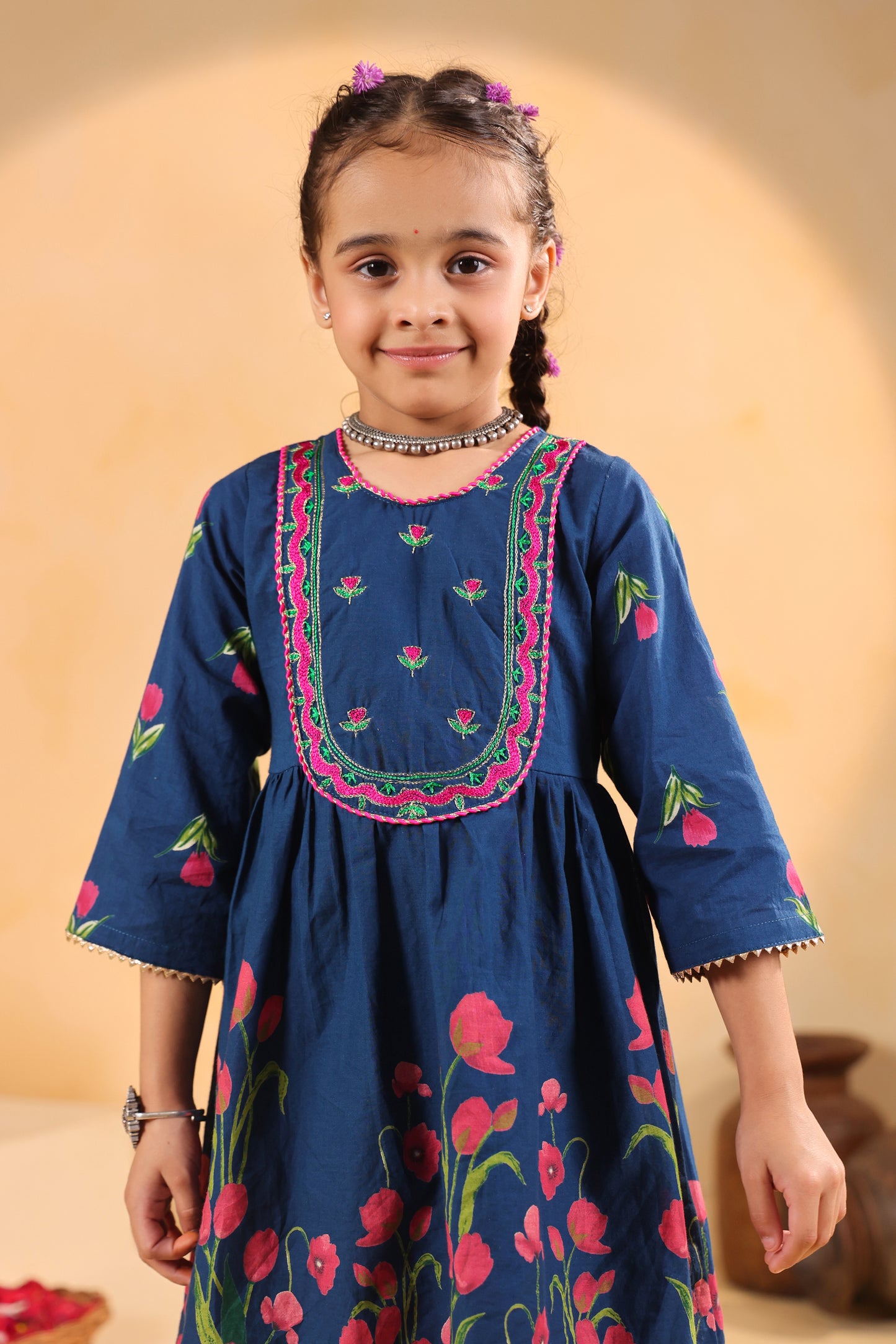 Girl Genda Phool Print Kurta Set - Teal Blue