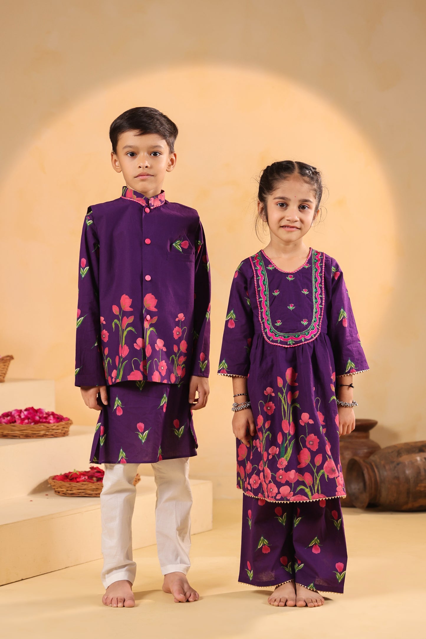 Girl Genda Phool Print Kurta Set - Purple
