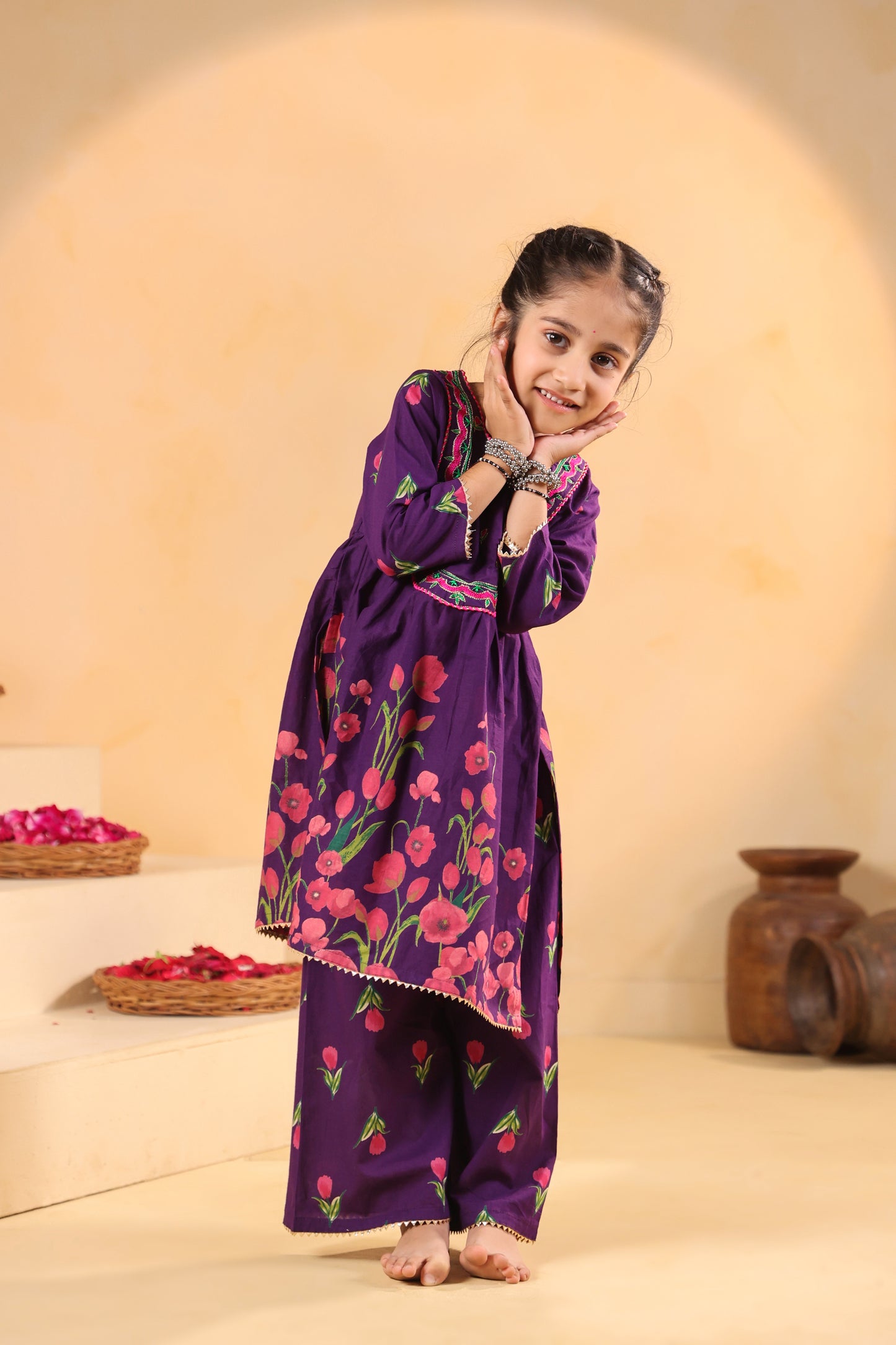 Girl Genda Phool Print Kurta Set - Purple