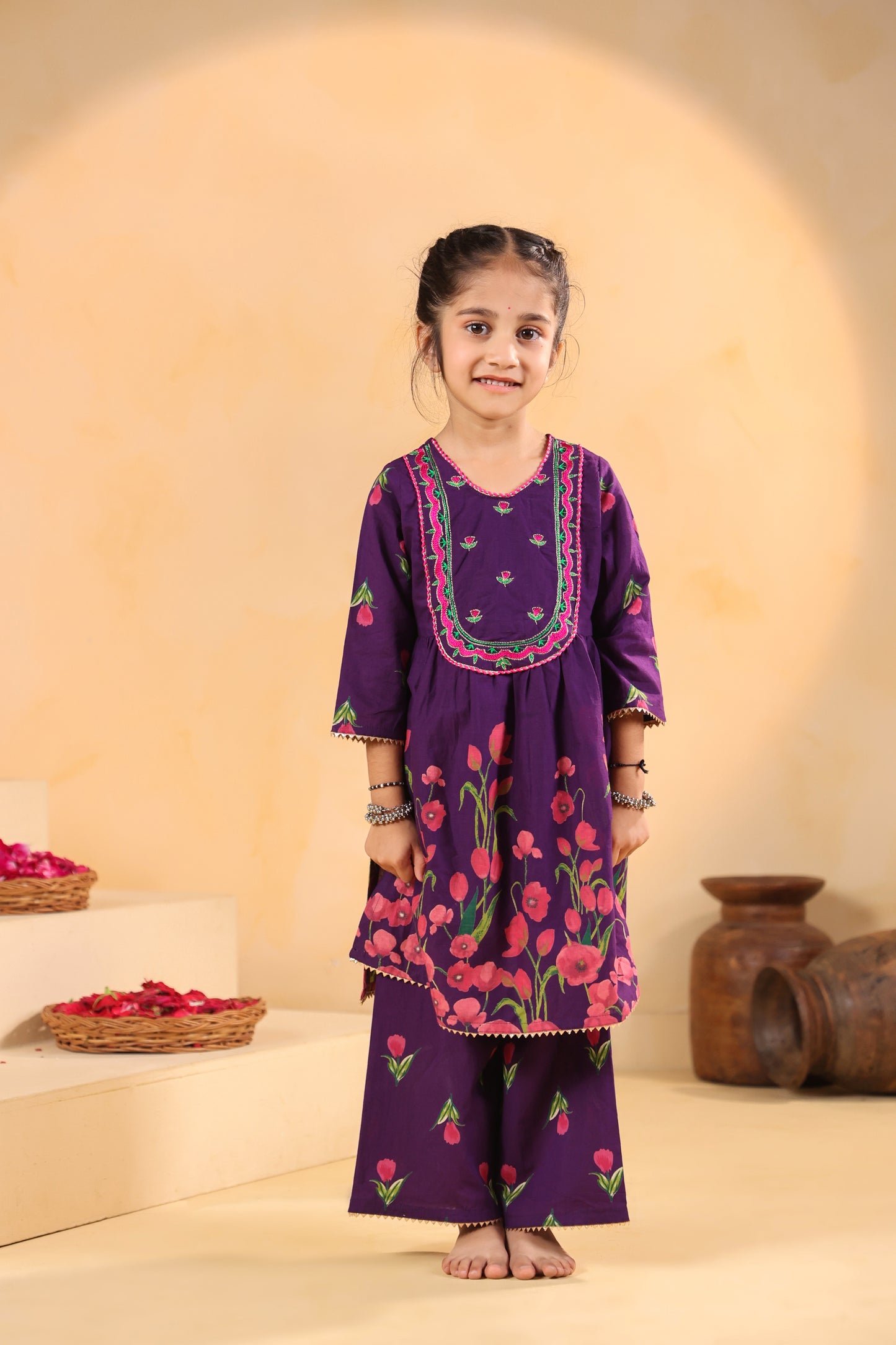 Girl Genda Phool Print Kurta Set - Purple