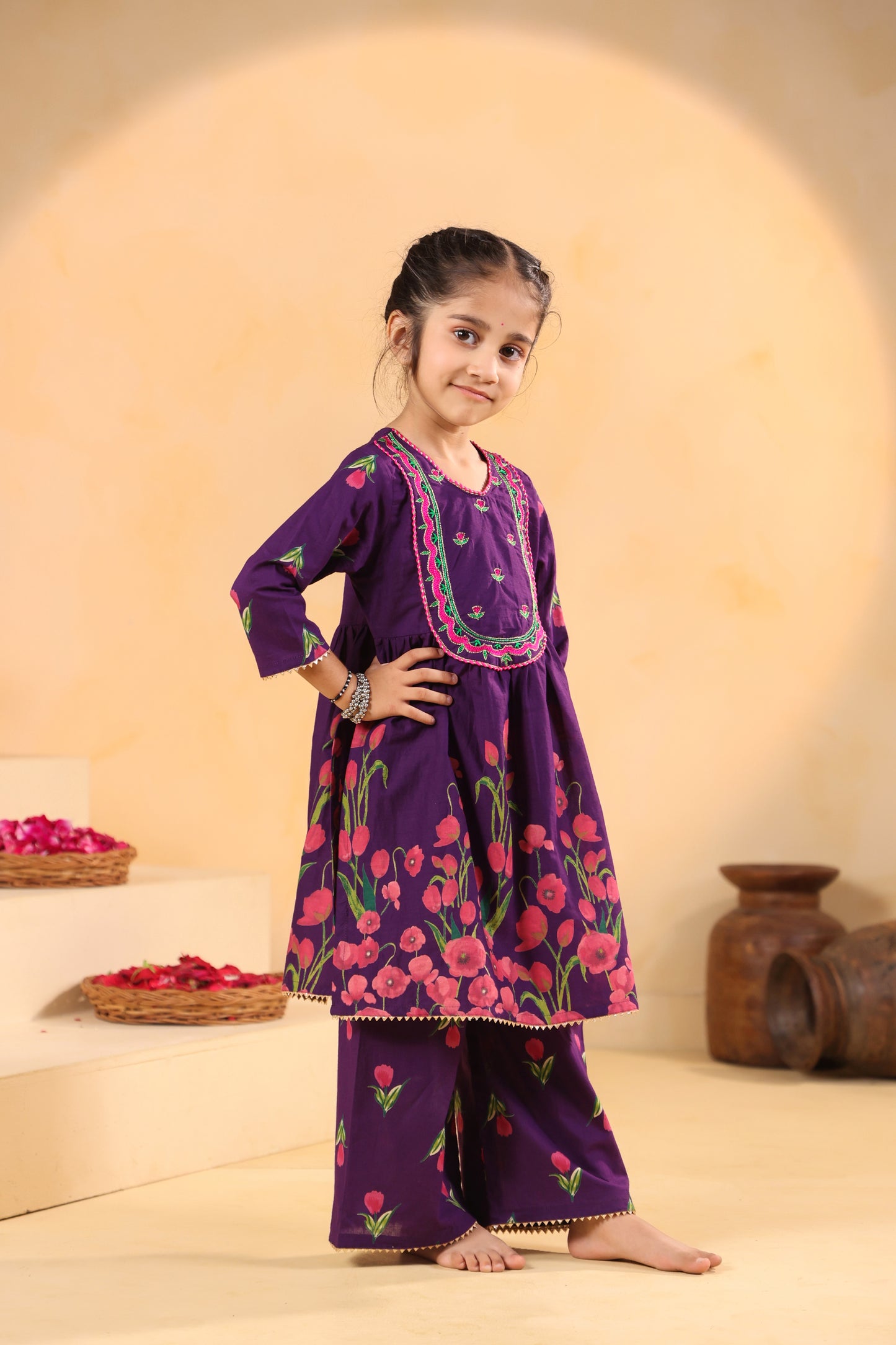 Girl Genda Phool Print Kurta Set - Purple