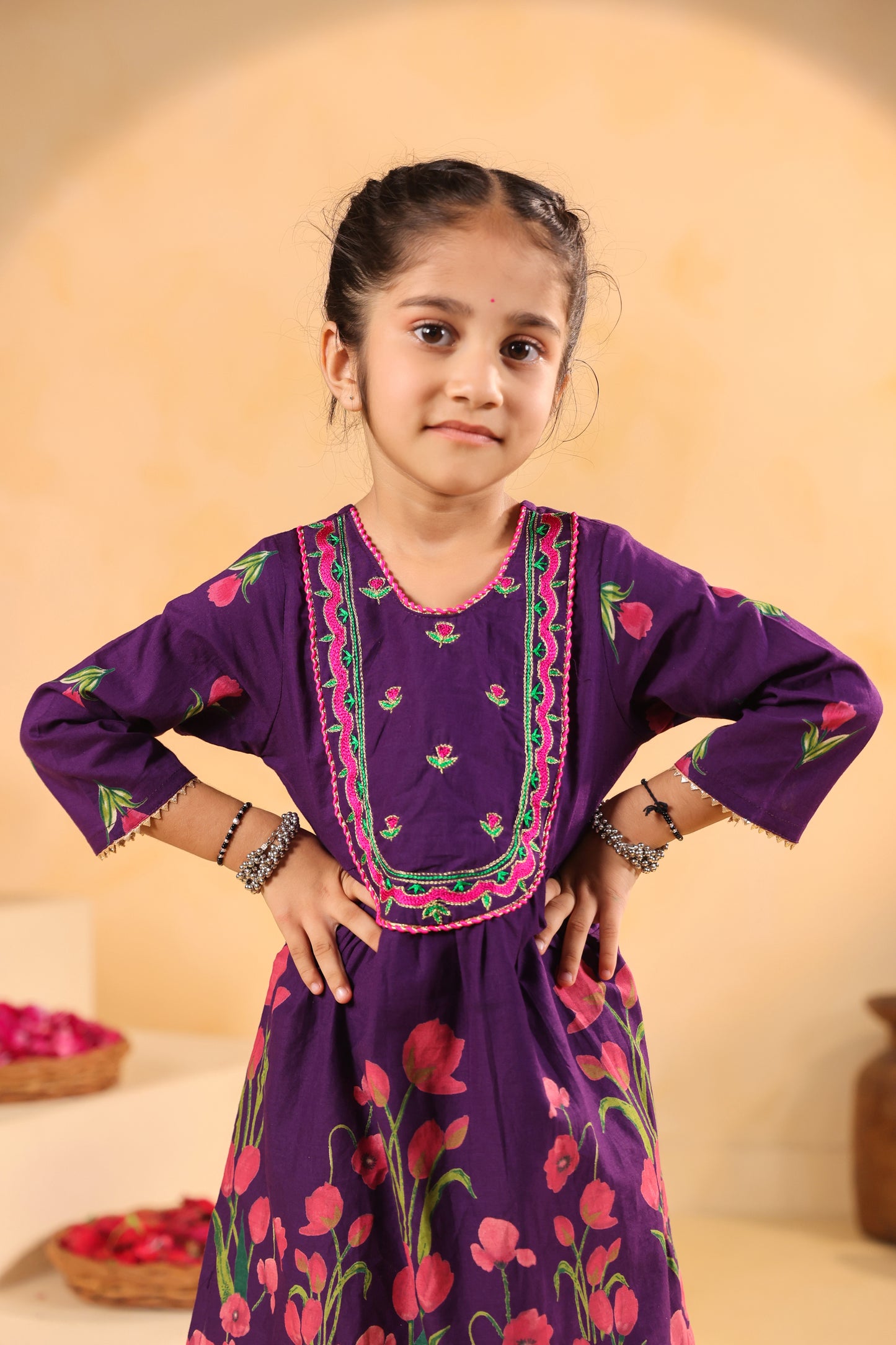 Girl Genda Phool Print Kurta Set - Purple