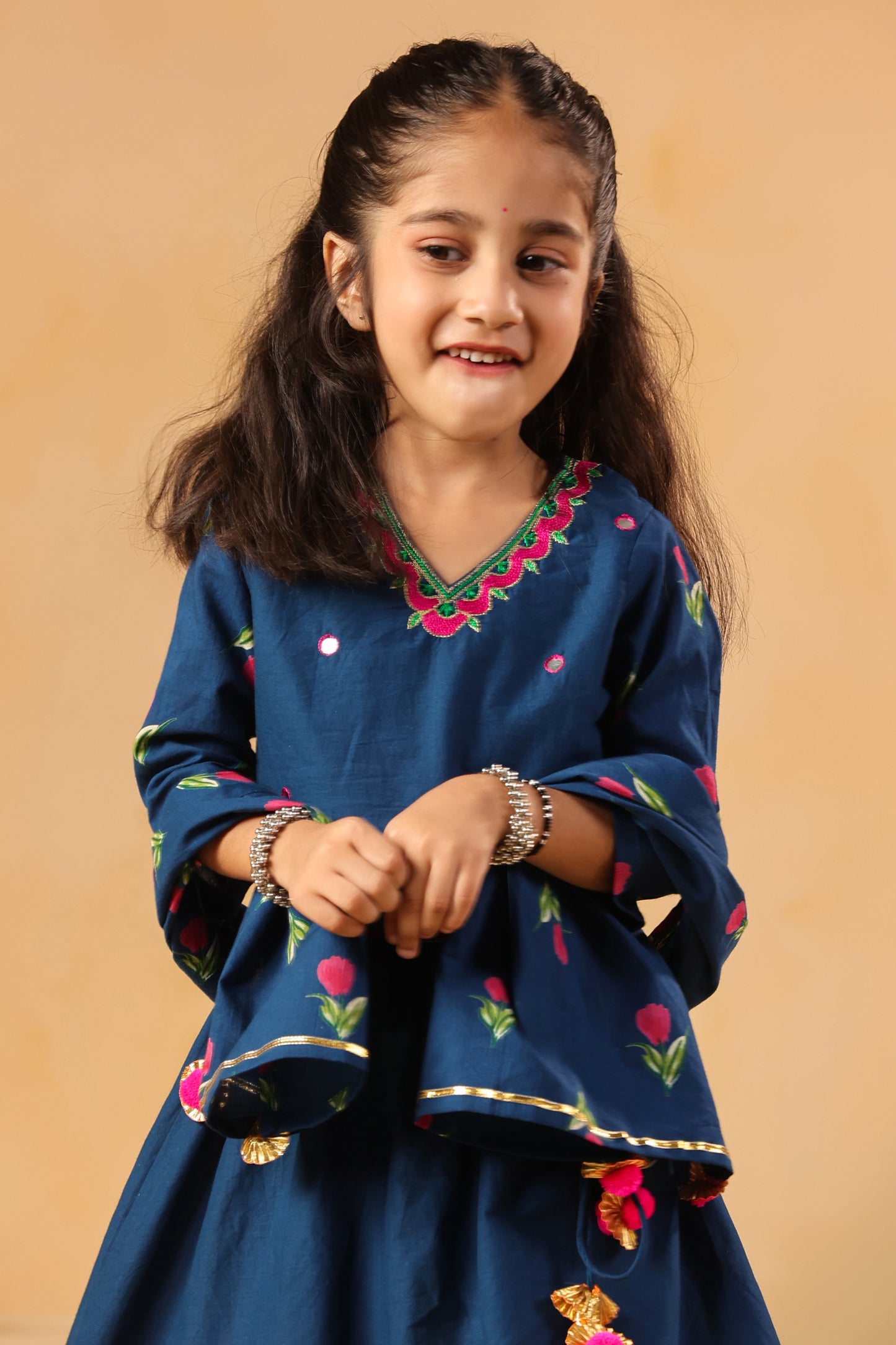 Girl Gulabo Floral Embroidered Skirt Top Set - Teal Blue