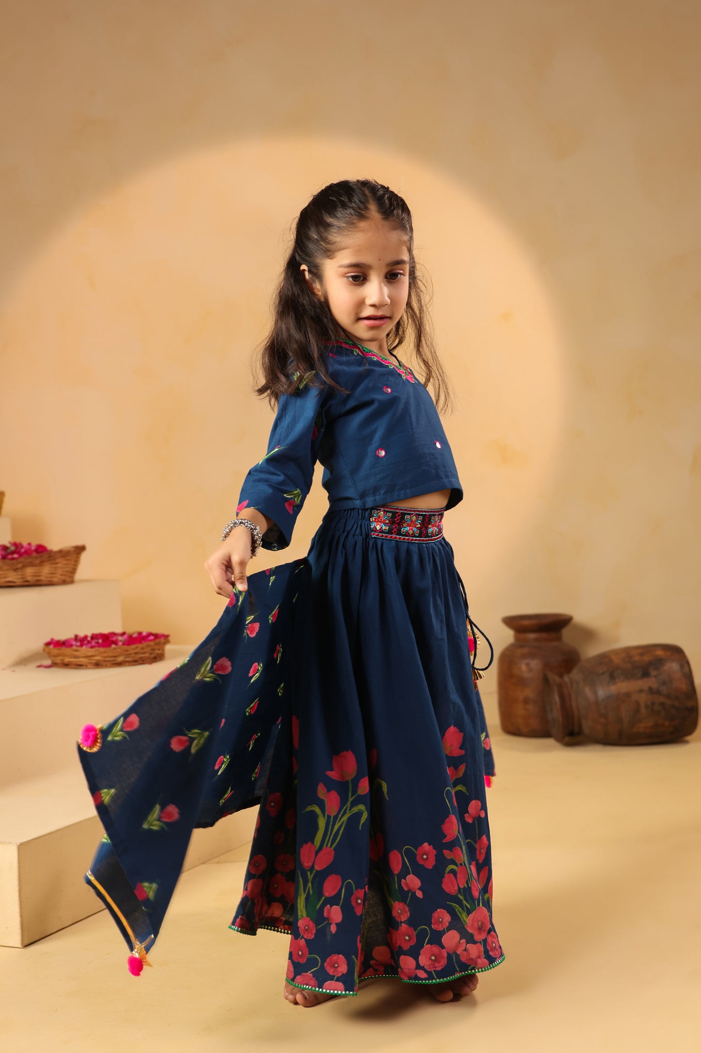 Girl Gulabo Floral Embroidered Skirt Top Set - Teal Blue