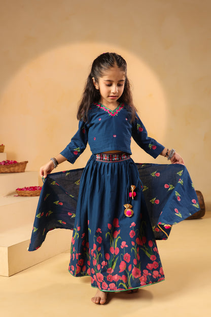 Girl Gulabo Floral Embroidered Skirt Top Set - Teal Blue
