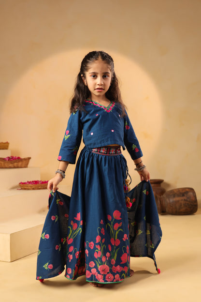 Girl Gulabo Floral Embroidered Skirt Top Set - Teal Blue