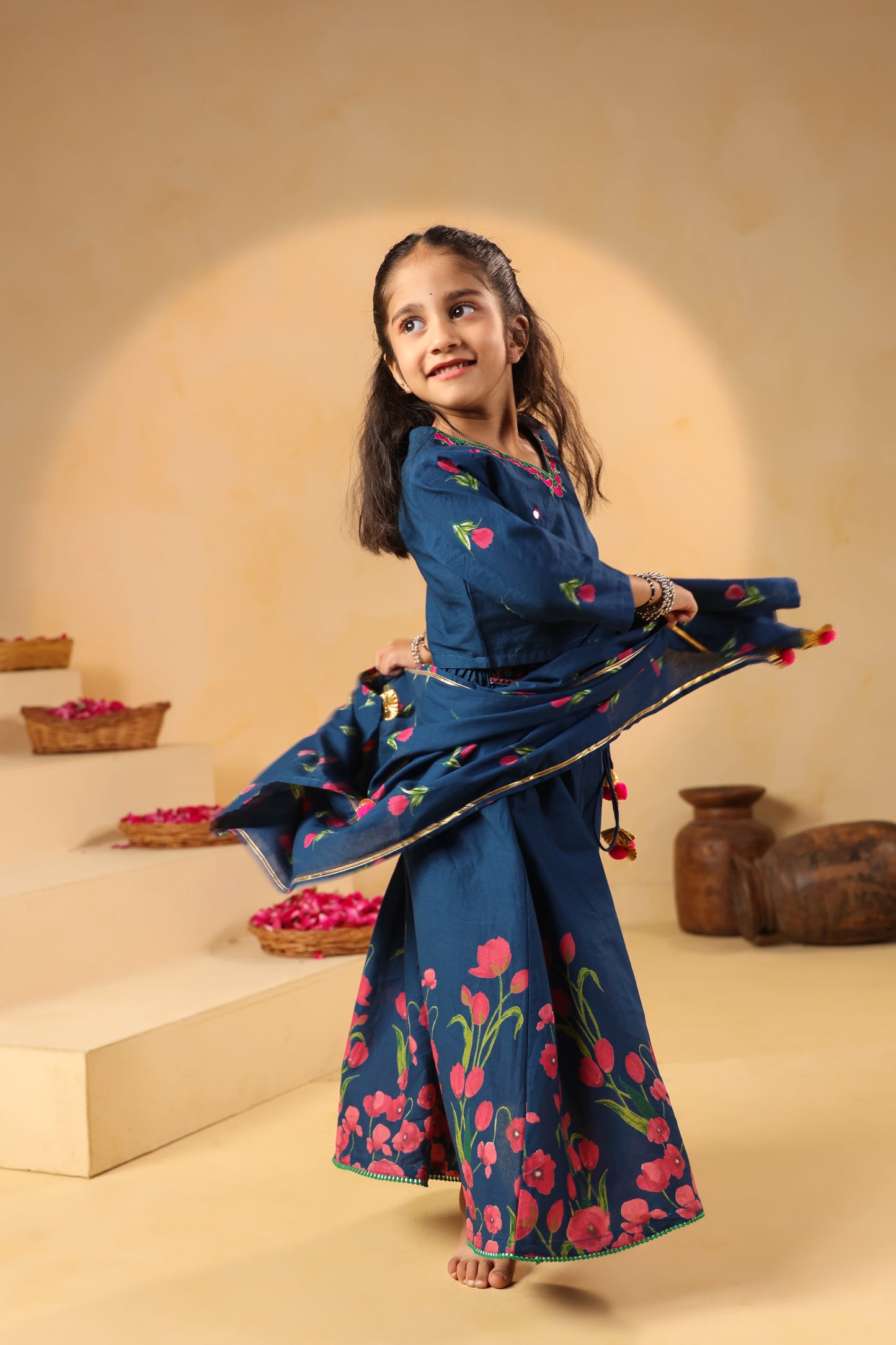 Girl Gulabo Floral Embroidered Skirt Top Set - Teal Blue