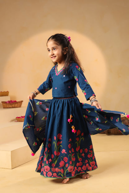 Girl Gulabo Floral Embroidered Skirt Top Set - Teal Blue