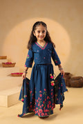 Girl Gulabo Floral Embroidered Skirt Top Set - Teal Blue
