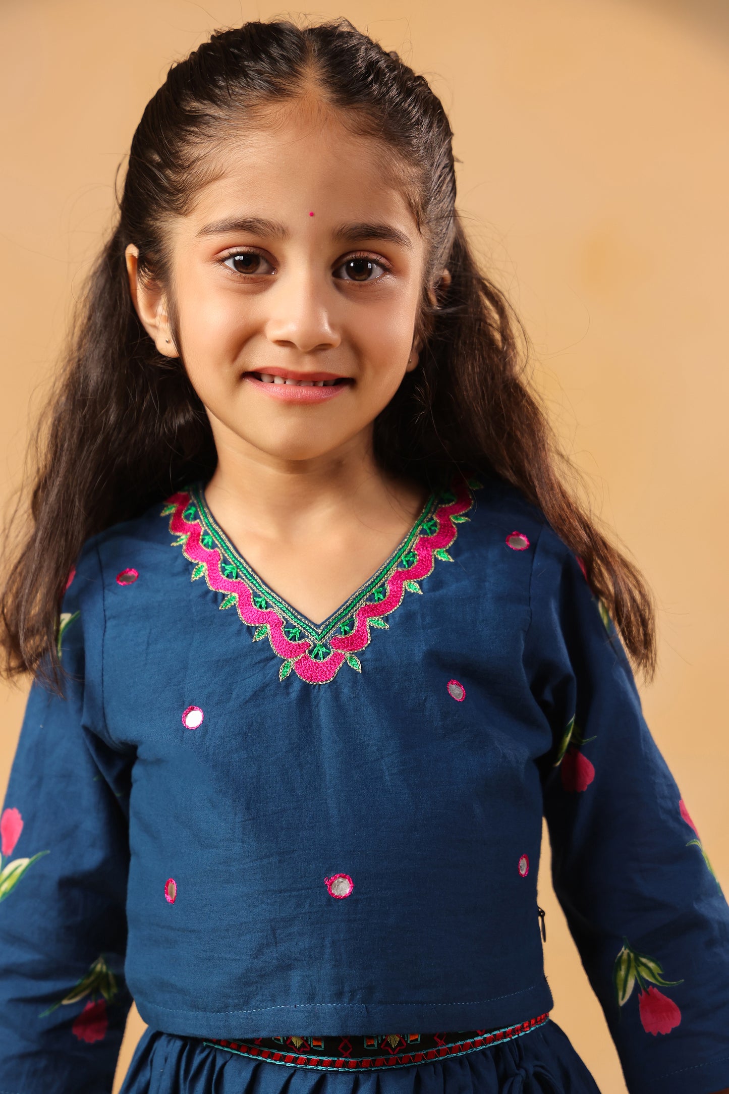 Girl Gulabo Floral Embroidered Skirt Top Set - Teal Blue