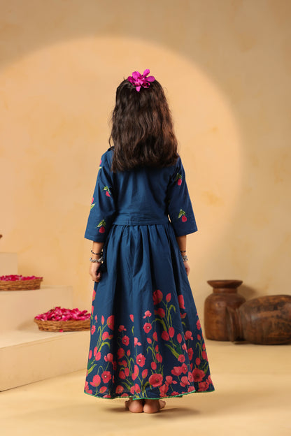 Girl Gulabo Floral Embroidered Skirt Top Set - Teal Blue