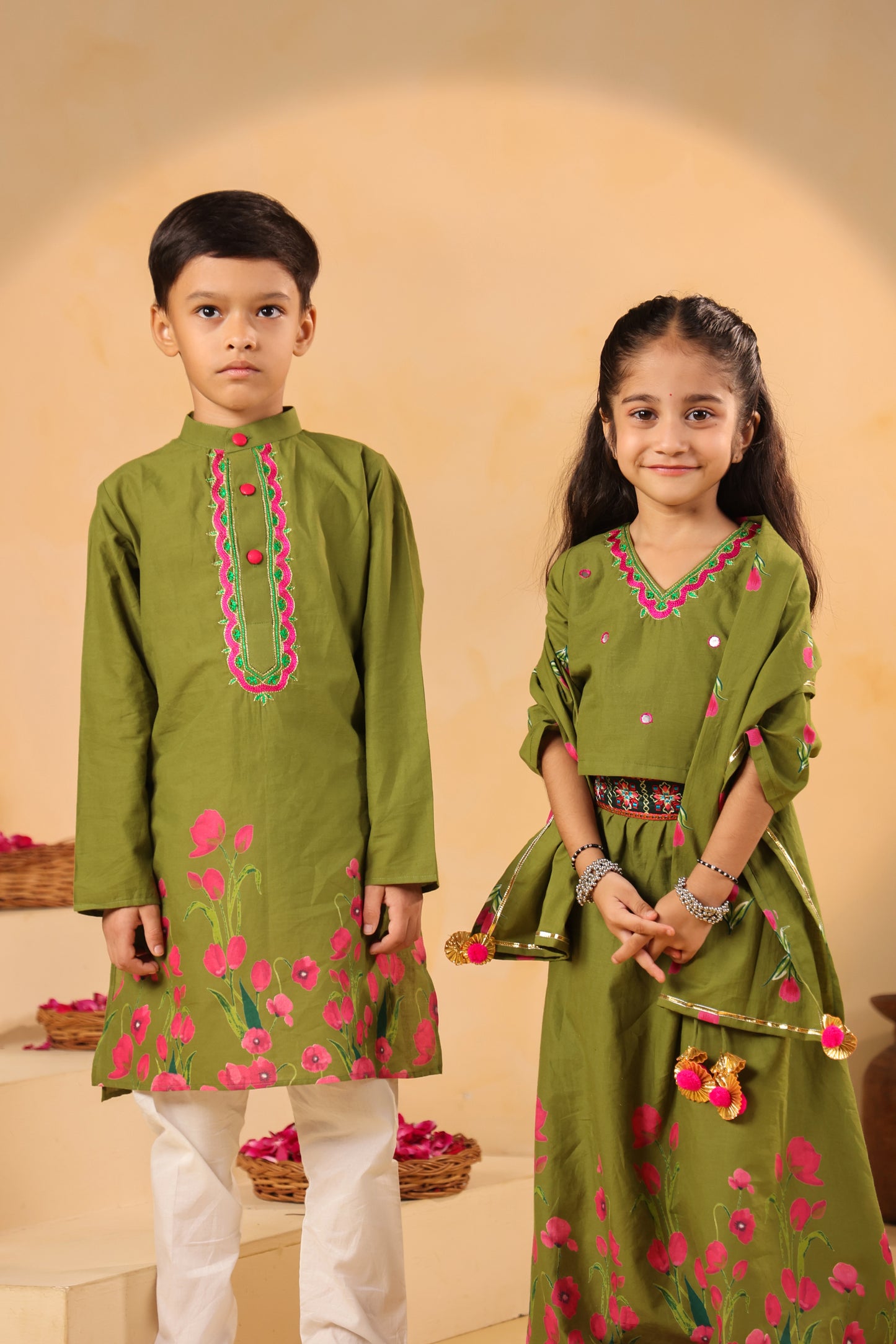 Girl Gulabo Floral Embroidered Skirt Top Set - Mehandi Green
