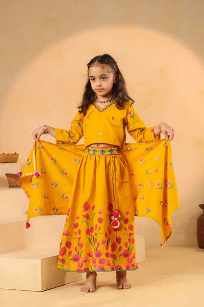 Girl Gulabo Floral Embroidered Skirt Top Set - Mustard