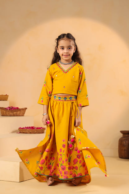 Girl Gulabo Floral Embroidered Skirt Top Set - Mustard