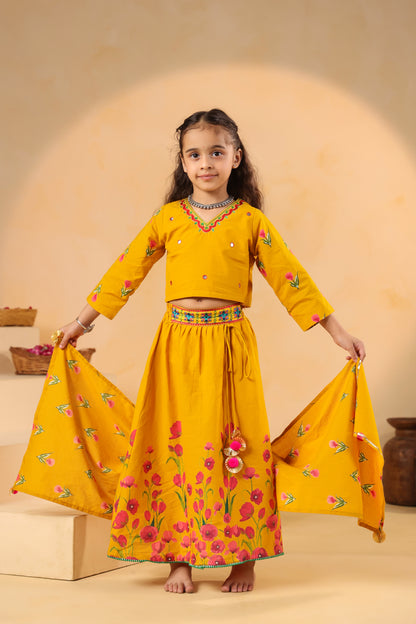 Girl Gulabo Floral Embroidered Skirt Top Set - Mustard