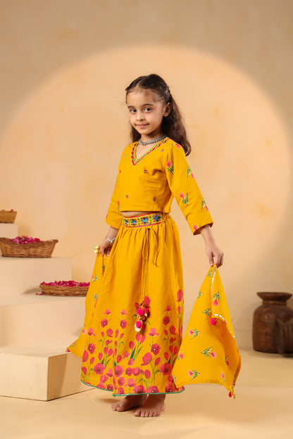 Girl Gulabo Floral Embroidered Skirt Top Set - Mustard