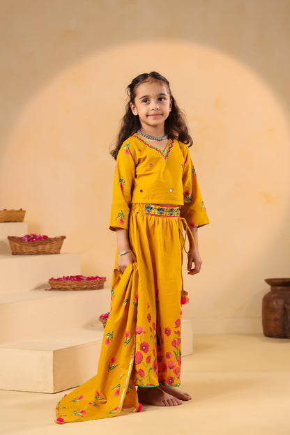 Girl Gulabo Floral Embroidered Skirt Top Set - Mustard