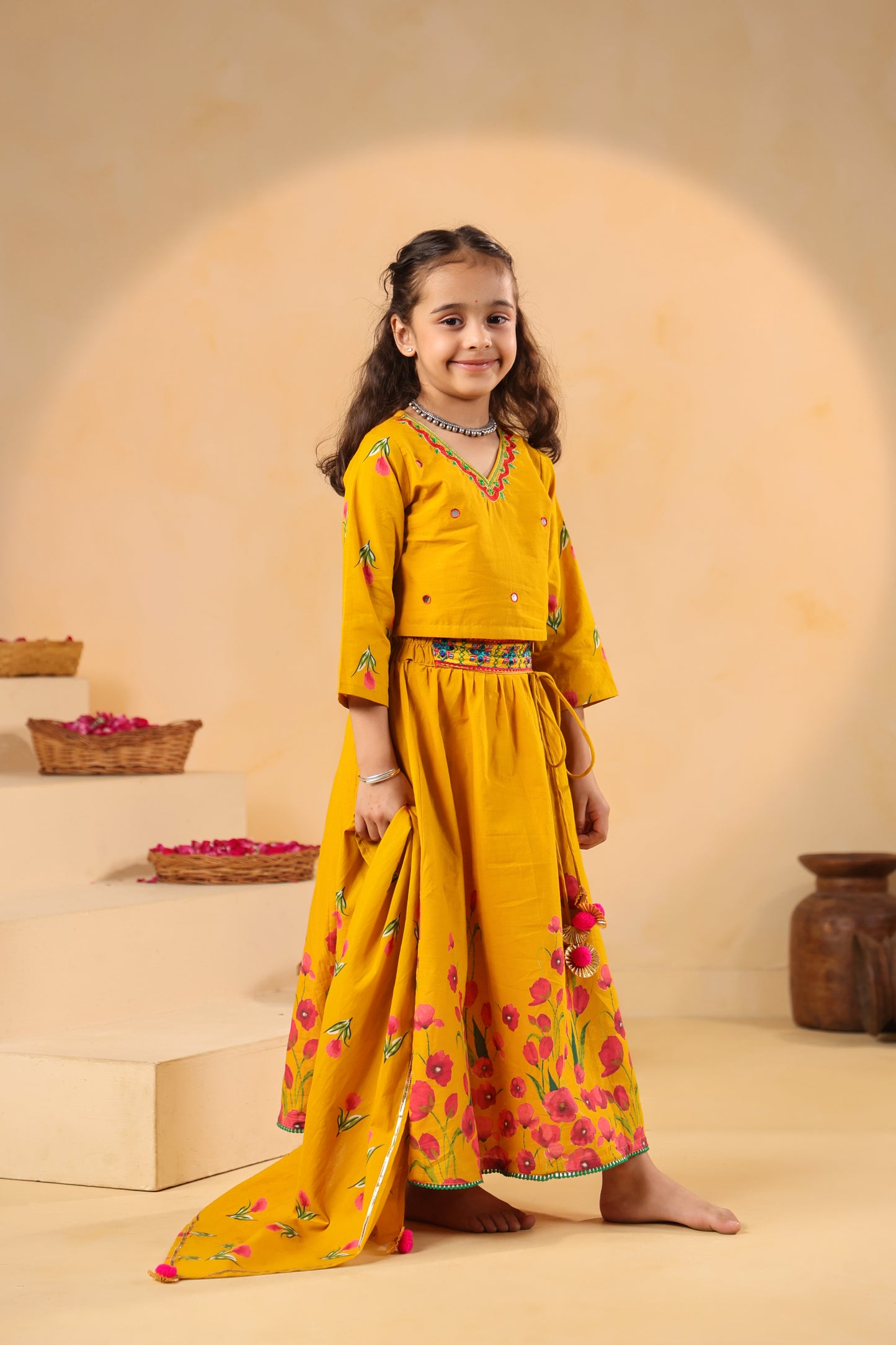 Girl Gulabo Floral Embroidered Skirt Top Set - Mustard