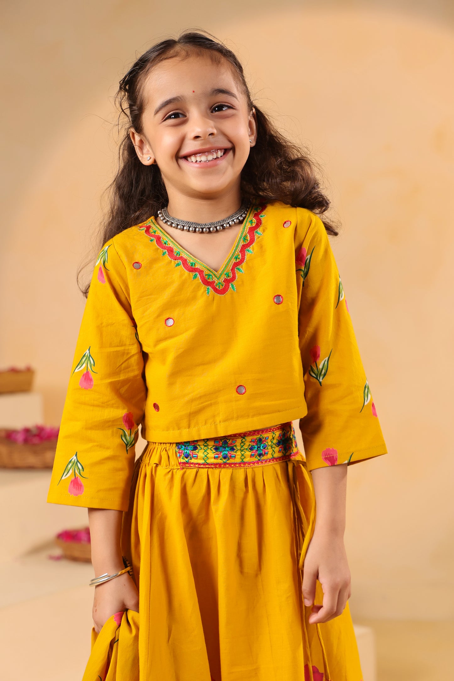 Girl Gulabo Floral Embroidered Skirt Top Set - Mustard