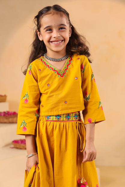Girl Gulabo Floral Embroidered Skirt Top Set - Mustard