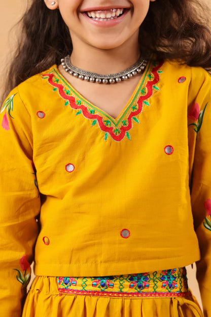 Girl Gulabo Floral Embroidered Skirt Top Set - Mustard