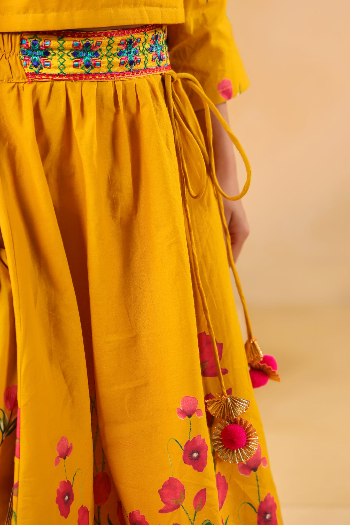 Girl Gulabo Floral Embroidered Skirt Top Set - Mustard