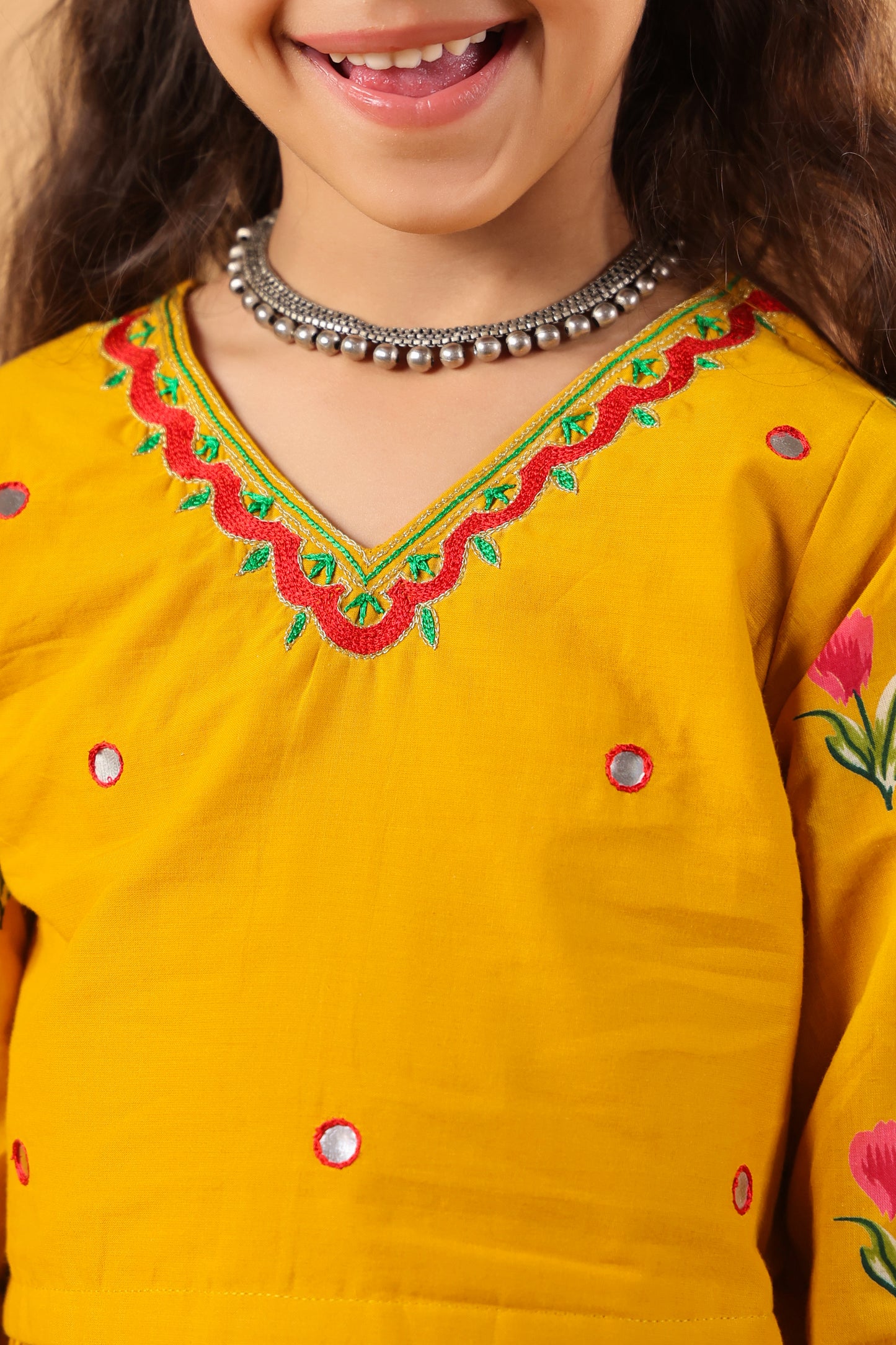 Girl Gulabo Floral Embroidered Skirt Top Set - Mustard