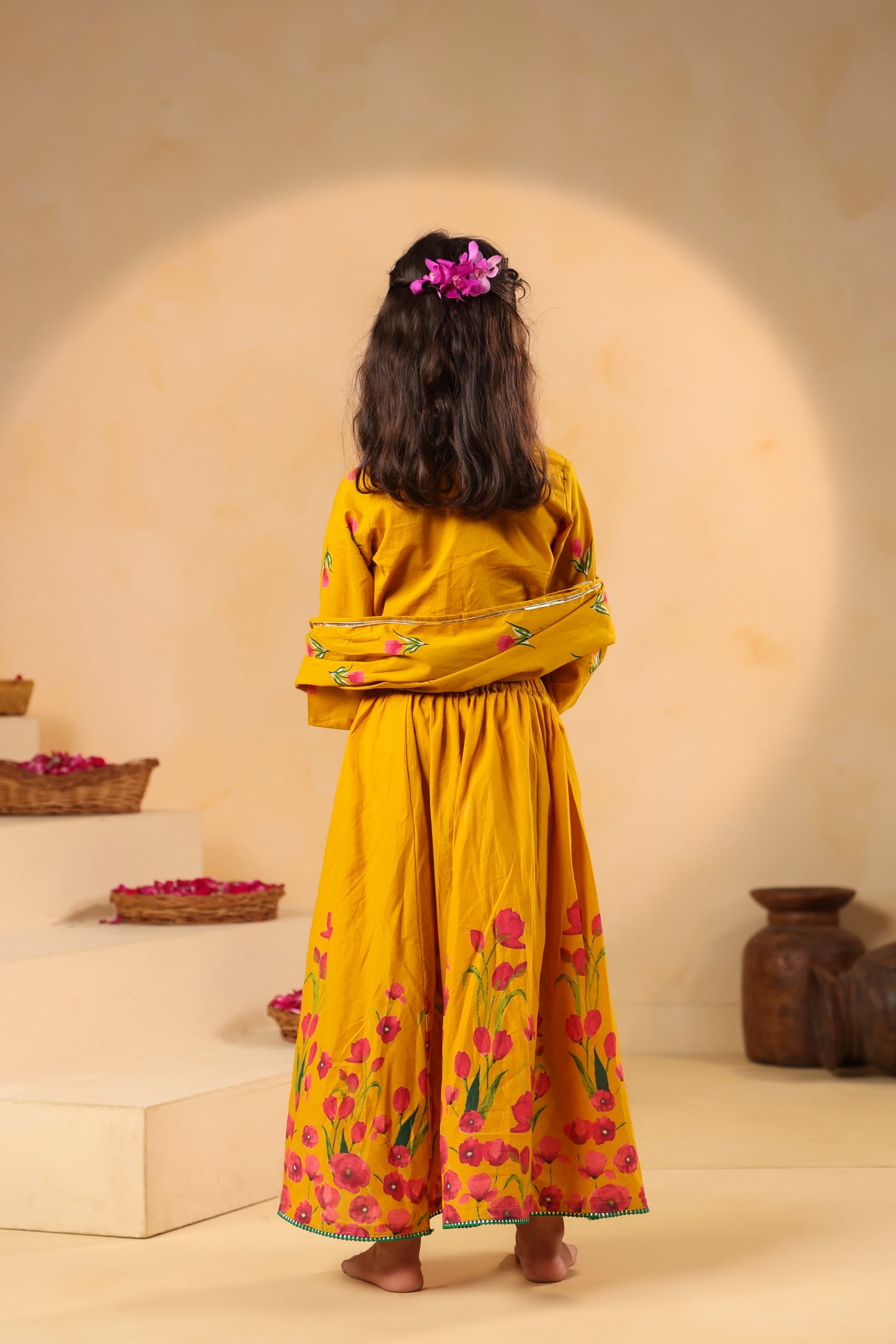 Girl Gulabo Floral Embroidered Skirt Top Set - Mustard