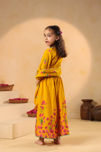 Girl Gulabo Floral Embroidered Skirt Top Set - Mustard