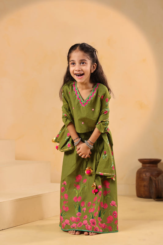 Girl Gulabo Floral Embroidered Skirt Top Set - Mehandi Green