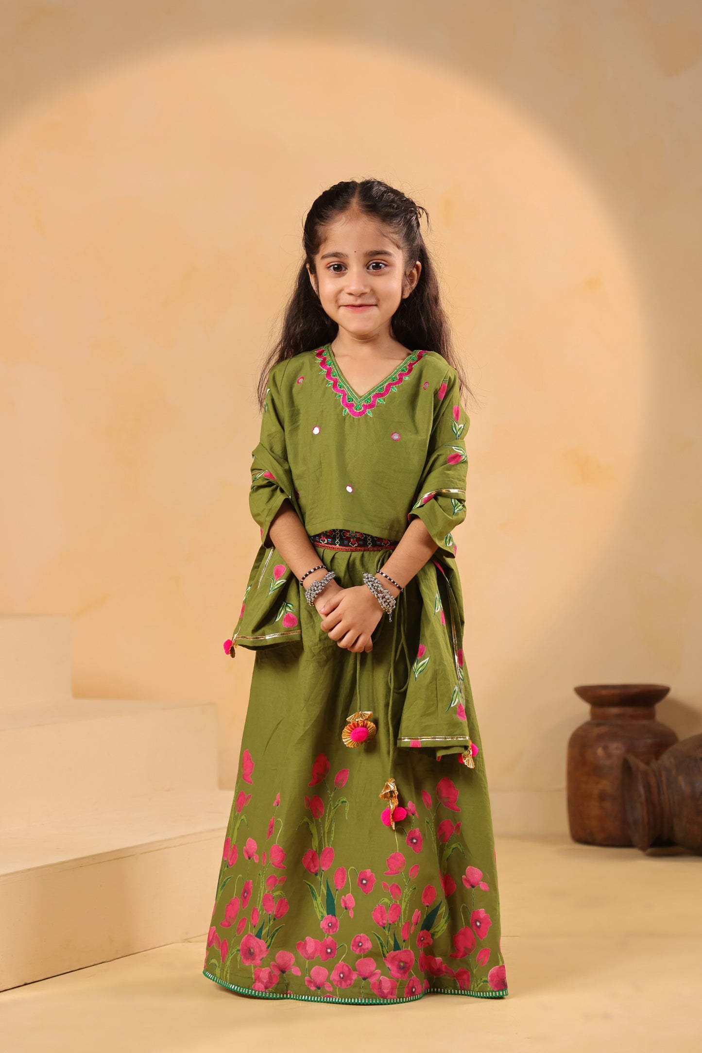 Girl Gulabo Floral Embroidered Skirt Top Set - Mehandi Green