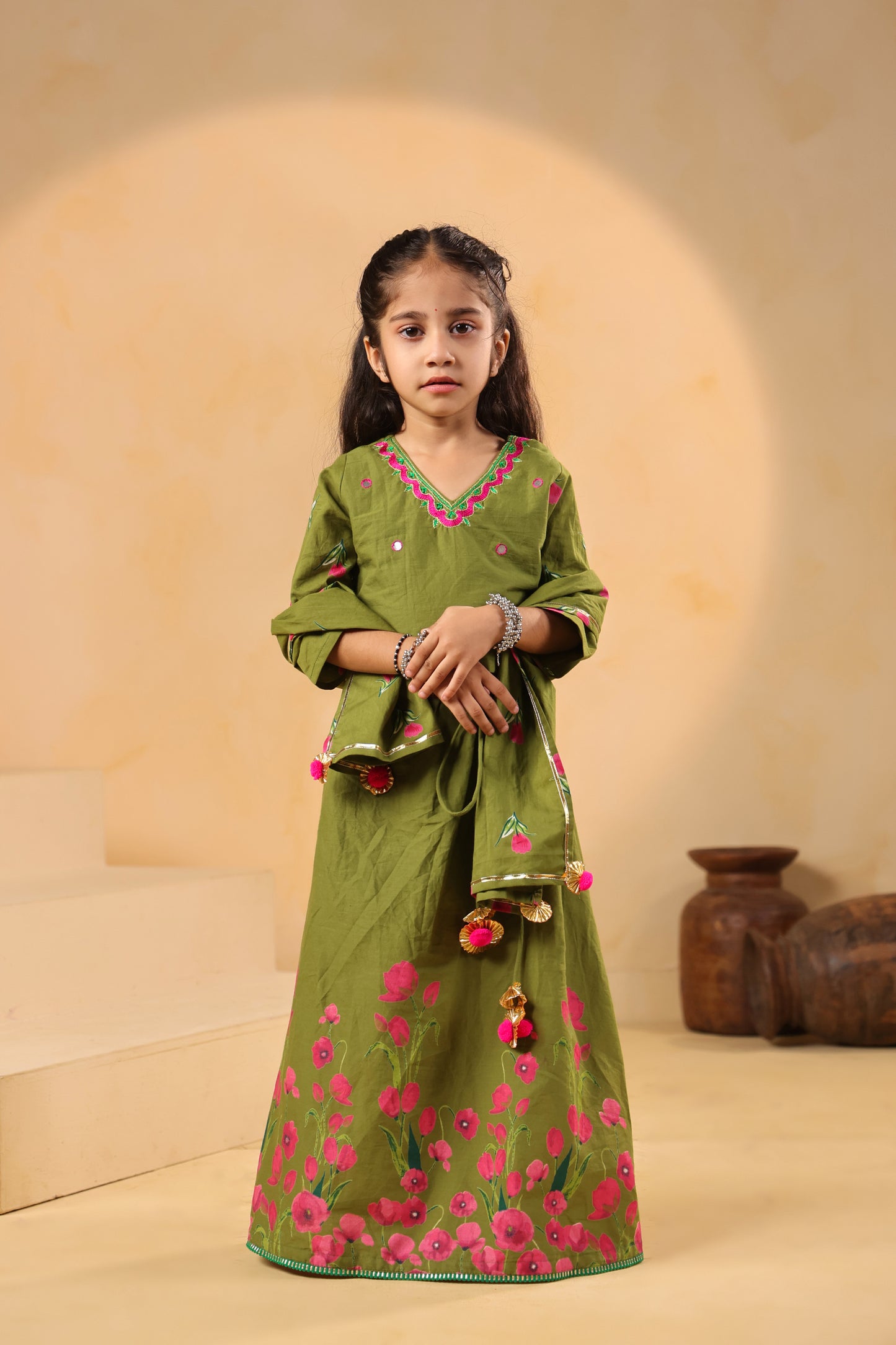 Girl Gulabo Floral Embroidered Skirt Top Set - Mehandi Green