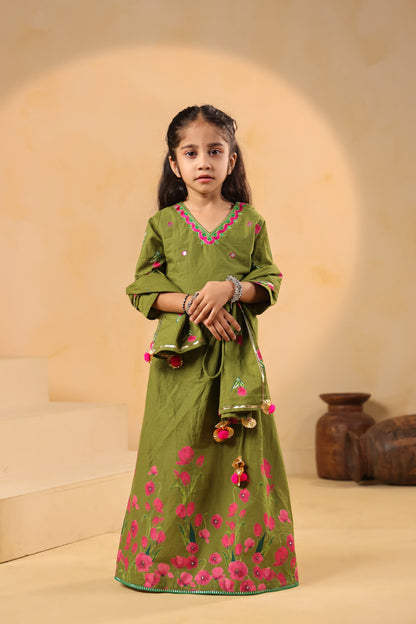 Girl Gulabo Floral Embroidered Skirt Top Set - Mehandi Green