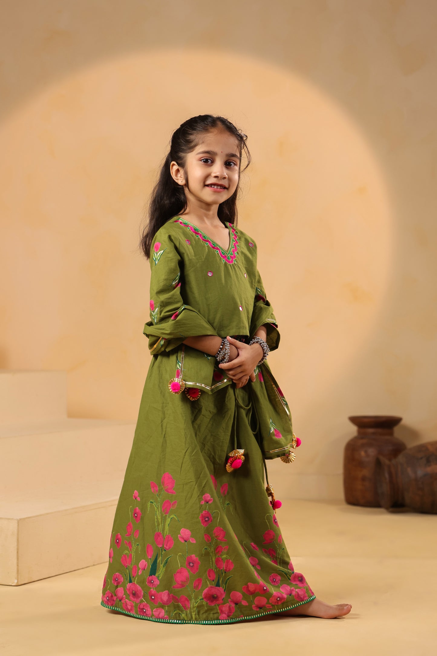 Girl Gulabo Floral Embroidered Skirt Top Set - Mehandi Green